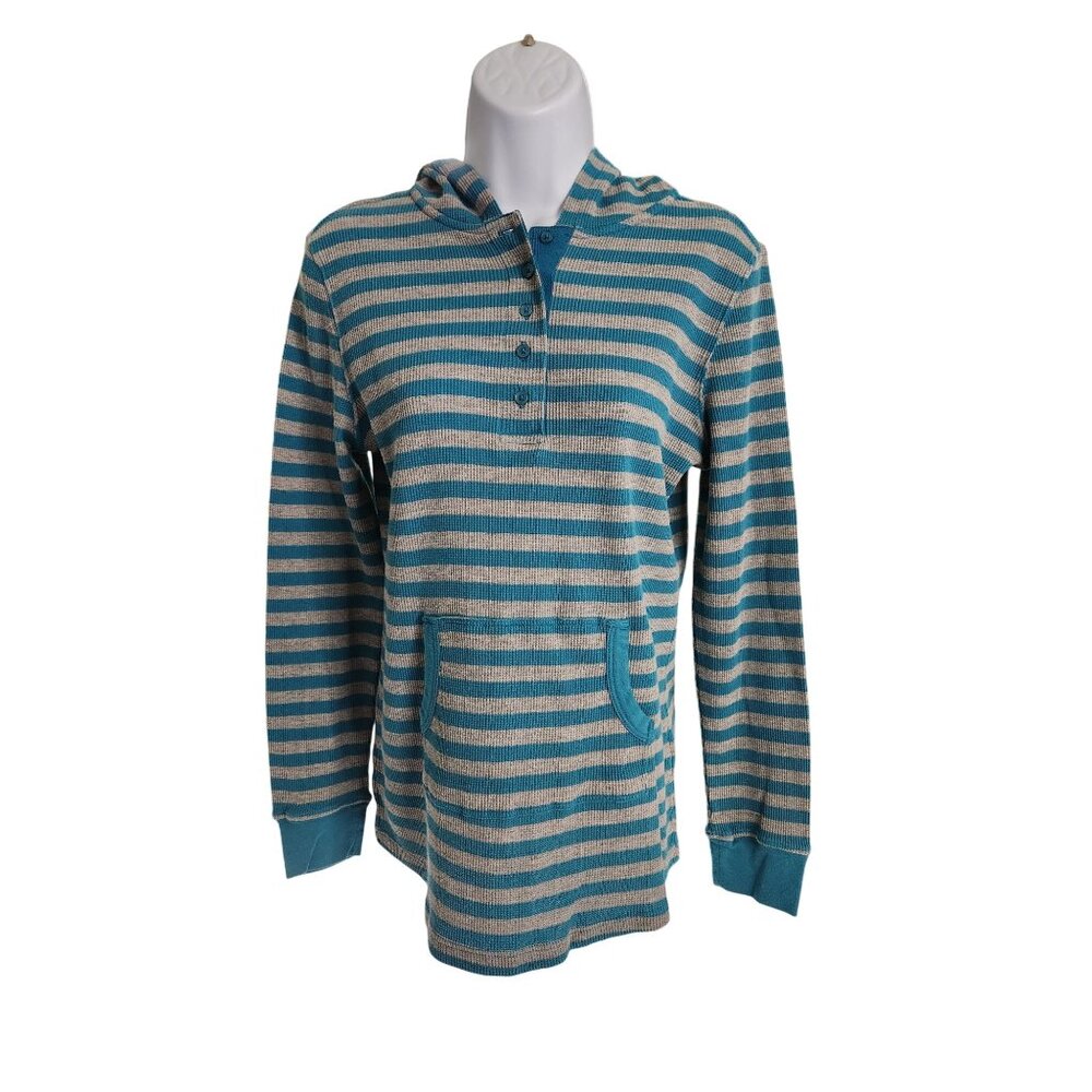 Mix & Co Thermal Hoodie Henley Pullover Sweatshirt M Blue Gray Stripe Streetwear